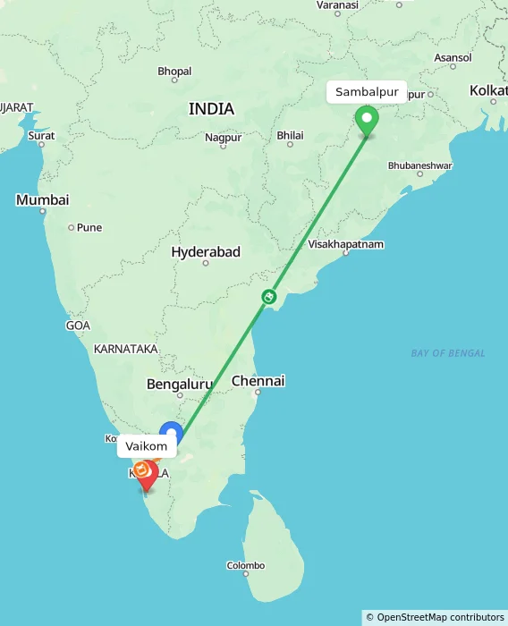 Route map showing distance and travel time from Sambalpur, India to Vaikom, India