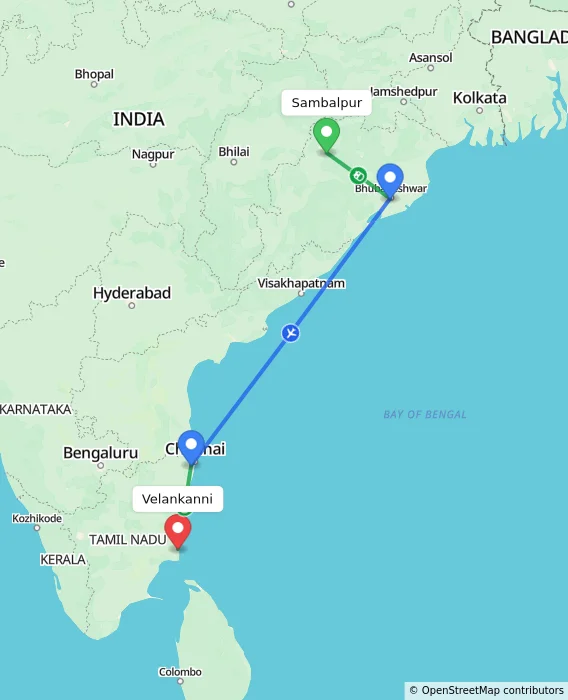 Route map showing distance and travel time from Sambalpur, India to Velankanni, India