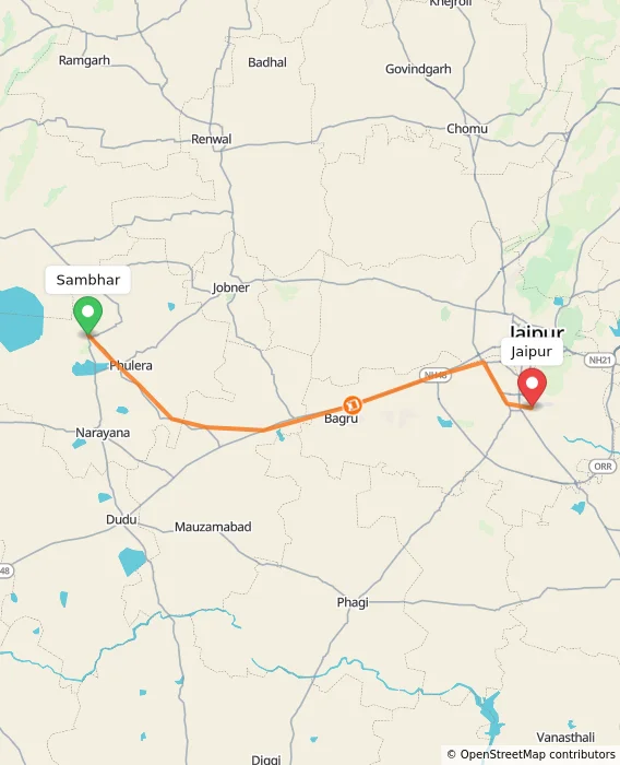 Route map showing distance and travel time from Sambhar, India to Jaipur, India