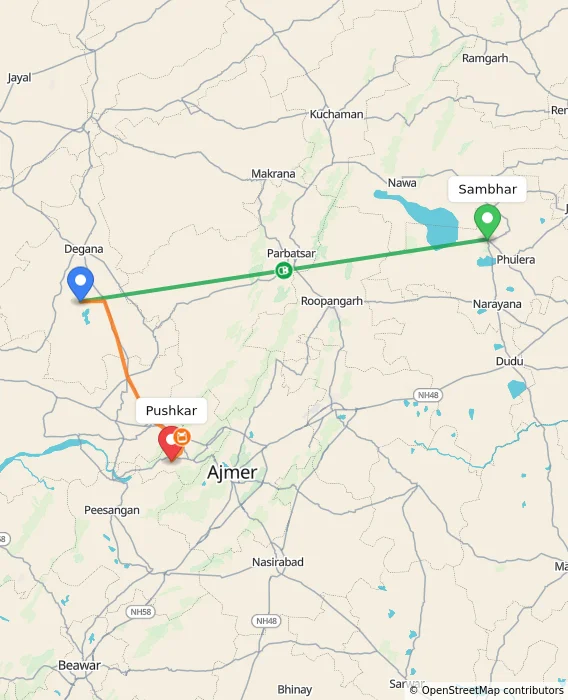 Route map showing distance and travel time from Sambhar, India to Pushkar, India