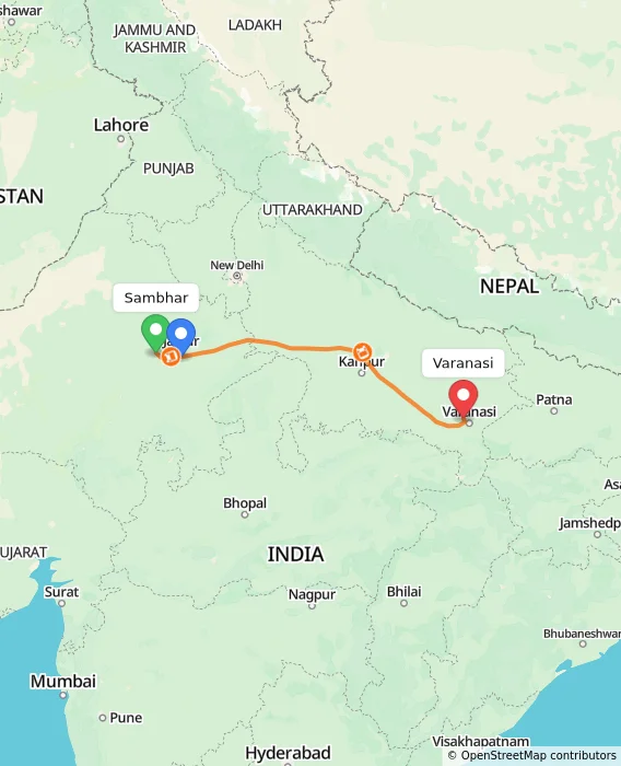 Route map showing distance and travel time from Sambhar, India to Varanasi, India