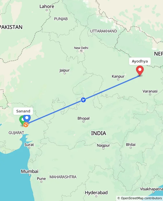 Route map showing distance and travel time from Sanand, India to Ayodhya, India