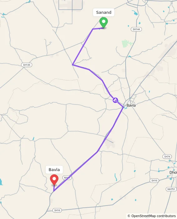 Route map showing distance and travel time from Sanand, India to Bavla, India