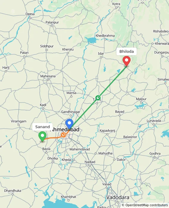 Route map showing distance and travel time from Sanand, India to Bhiloda, India
