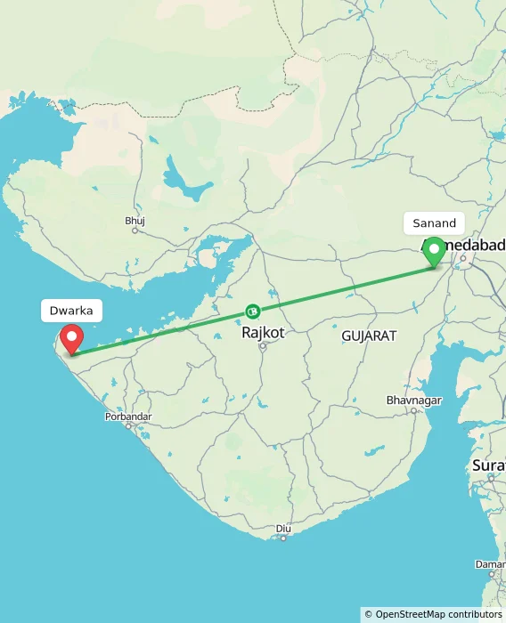 Route map showing distance and travel time from Sanand, India to Dwarka, India