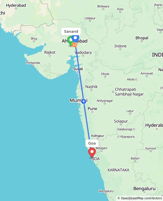 Route map showing distance and travel time from Sanand, India to Goa, India