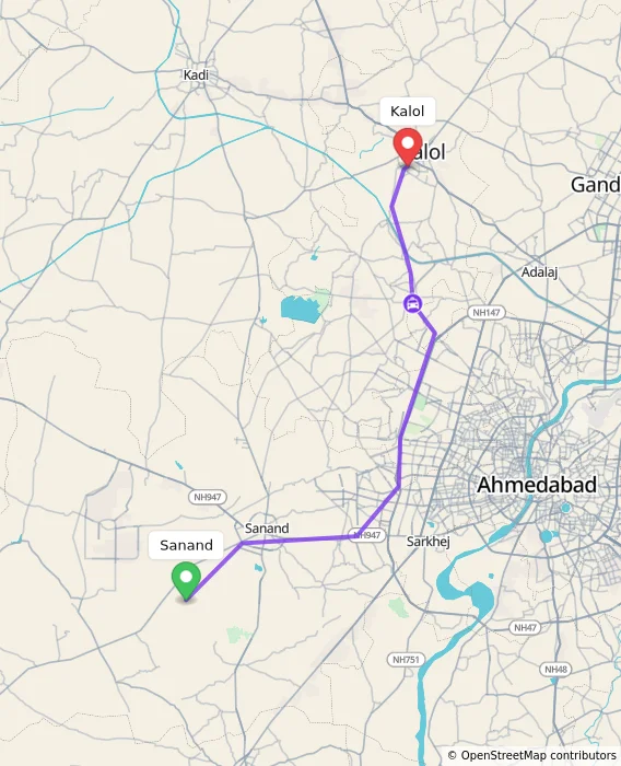 Route map showing distance and travel time from Sanand, India to Kalol, India