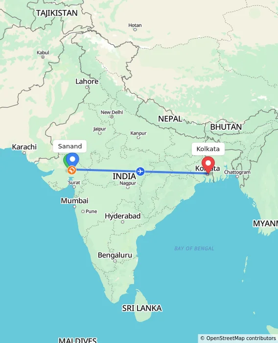 Route map showing distance and travel time from Sanand, India to Kolkata, India