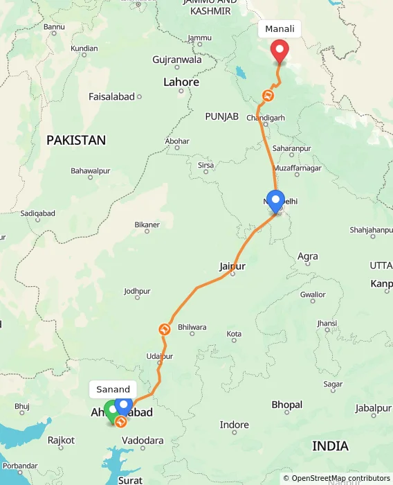 Route map showing distance and travel time from Sanand, India to Manali, India