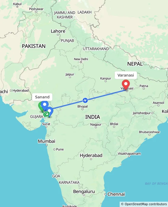 Route map showing distance and travel time from Sanand, India to Varanasi, India
