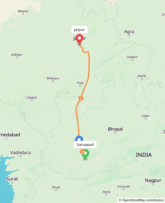 Route map showing distance and travel time from Sanawad, India to Jaipur, India