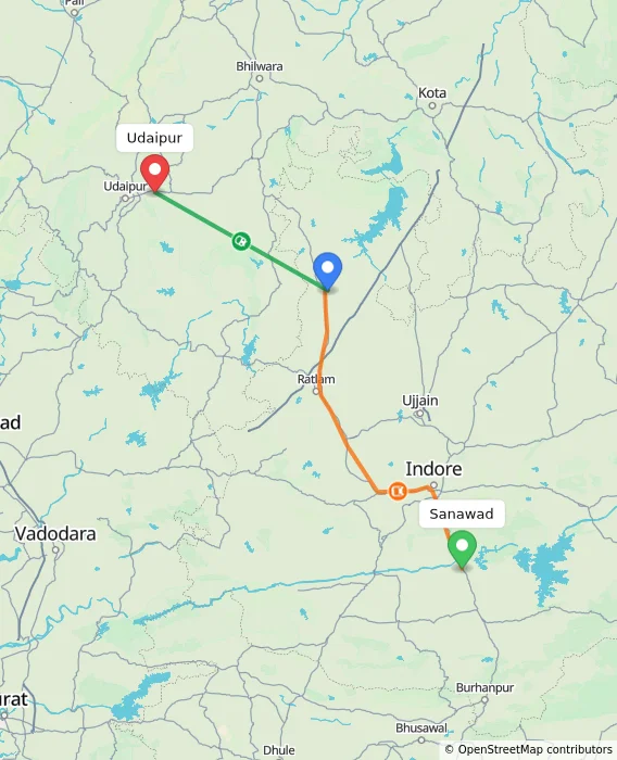 Route map showing distance and travel time from Sanawad, India to Udaipur, India