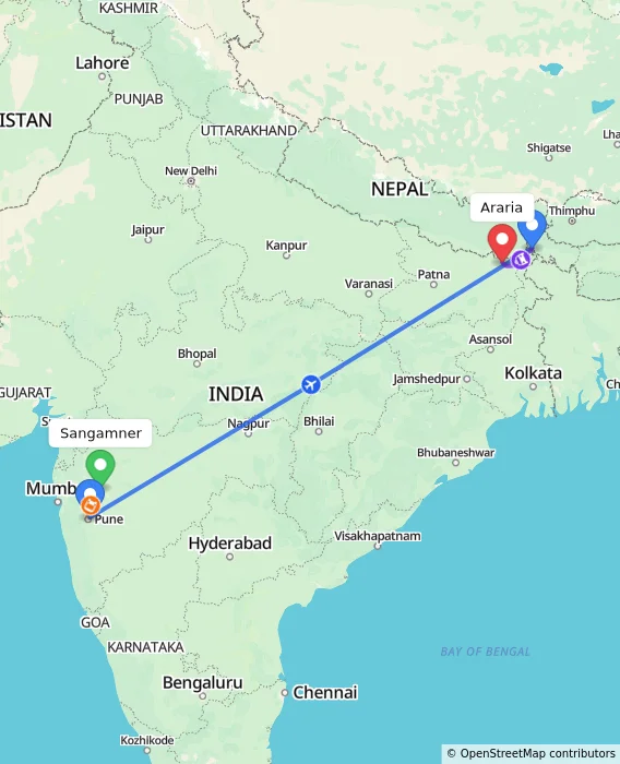 Route map showing distance and travel time from Sangamner, India to Araria, India