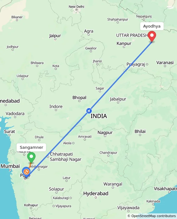 Route map showing distance and travel time from Sangamner, India to Ayodhya, India