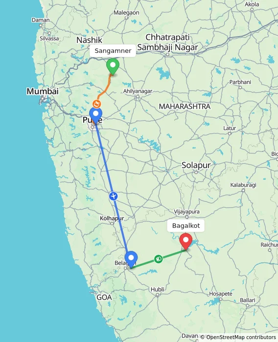 Route map showing distance and travel time from Sangamner, India to Bagalkot, India