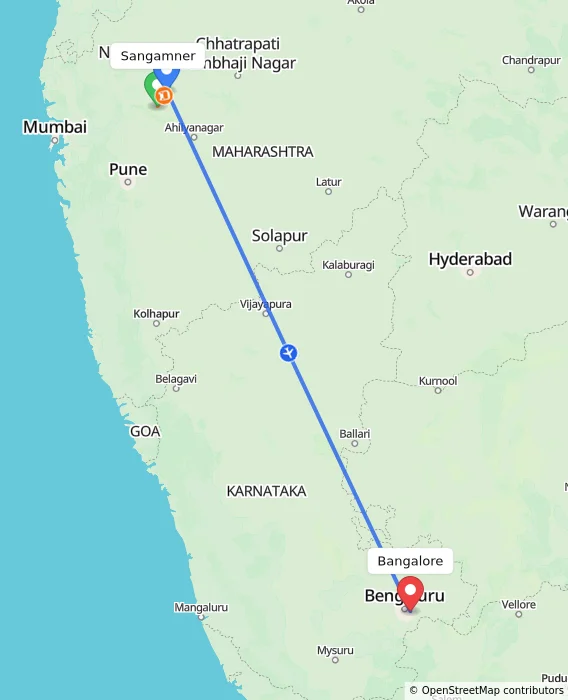 Route map showing distance and travel time from Sangamner, India to Bangalore, India