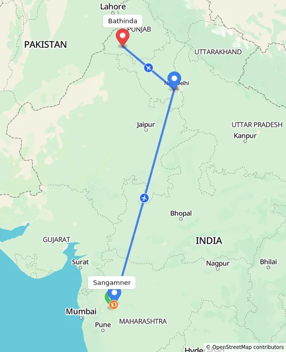 Route map showing distance and travel time from Sangamner, India to Bathinda, India
