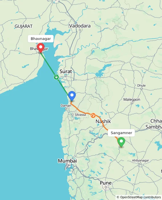 Route map showing distance and travel time from Sangamner, India to Bhavnagar, India