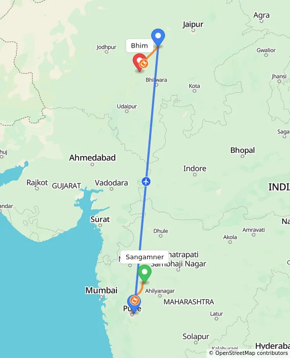 Route map showing distance and travel time from Sangamner, India to Bhim, India