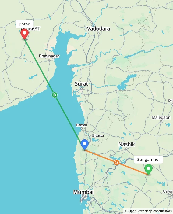 Route map showing distance and travel time from Sangamner, India to Botad, India