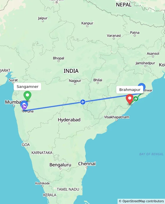 Route map showing distance and travel time from Sangamner, India to Brahmapur, India