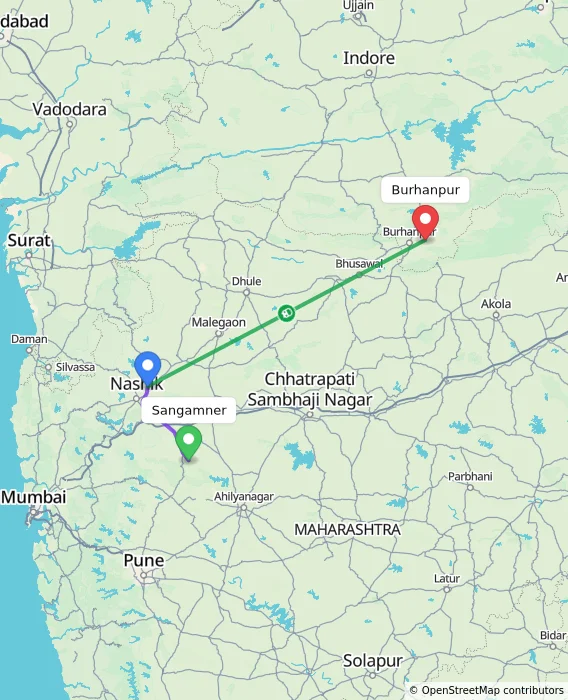 Route map showing distance and travel time from Sangamner, India to Burhanpur, India