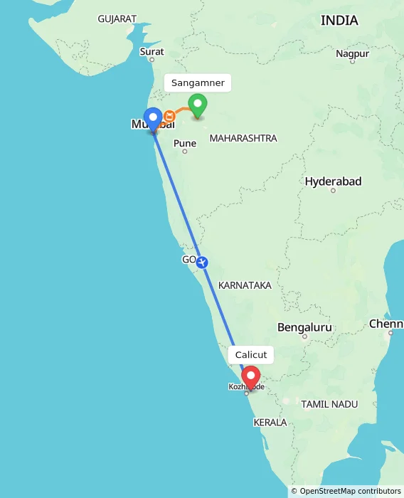 Route map showing distance and travel time from Sangamner, India to Calicut, India