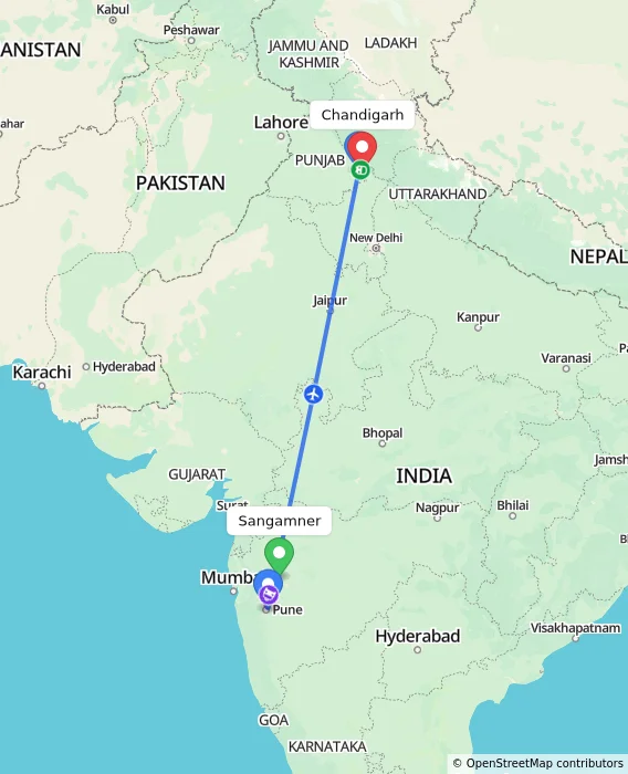 Route map showing distance and travel time from Sangamner, India to Chandigarh, India