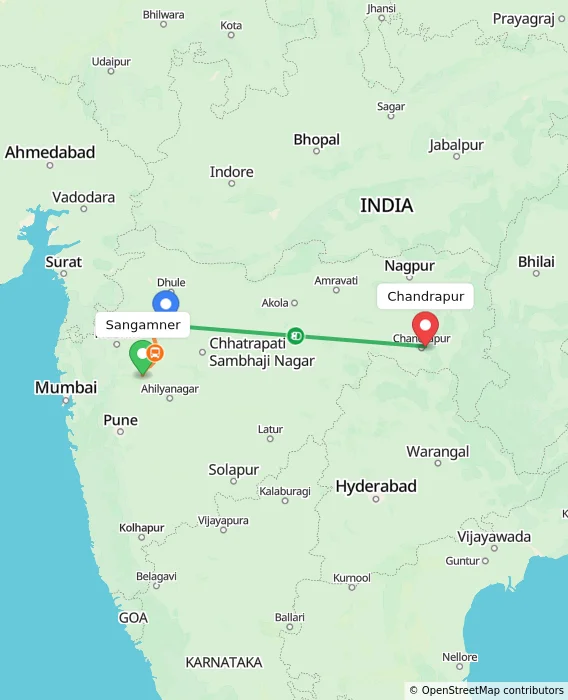 Route map showing distance and travel time from Sangamner, India to Chandrapur, India