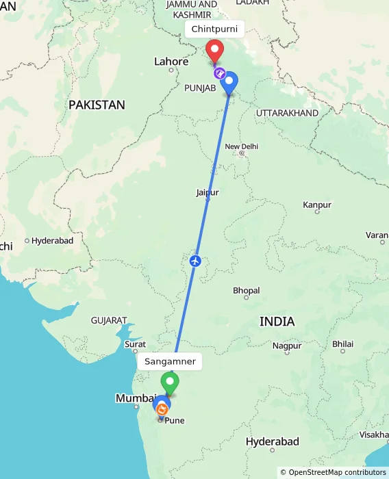 Route map showing distance and travel time from Sangamner, India to Chintpurni, India