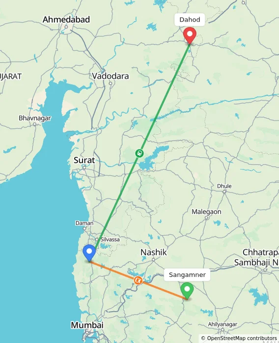 Route map showing distance and travel time from Sangamner, India to Dahod, India