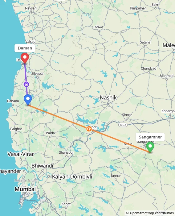 Route map showing distance and travel time from Sangamner, India to Daman, India