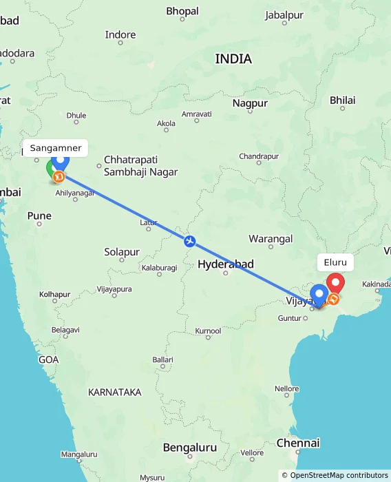Route map showing distance and travel time from Sangamner, India to Eluru, India