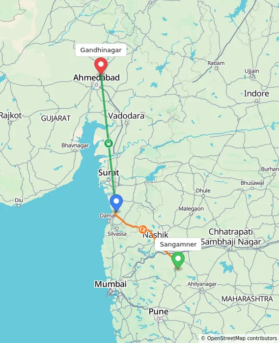 Route map showing distance and travel time from Sangamner, India to Gandhinagar, India