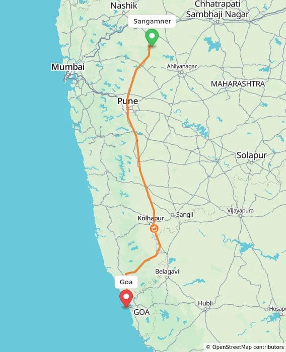 Route map showing distance and travel time from Sangamner, India to Goa, India