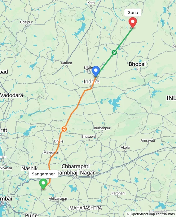 Route map showing distance and travel time from Sangamner, India to Guna, India