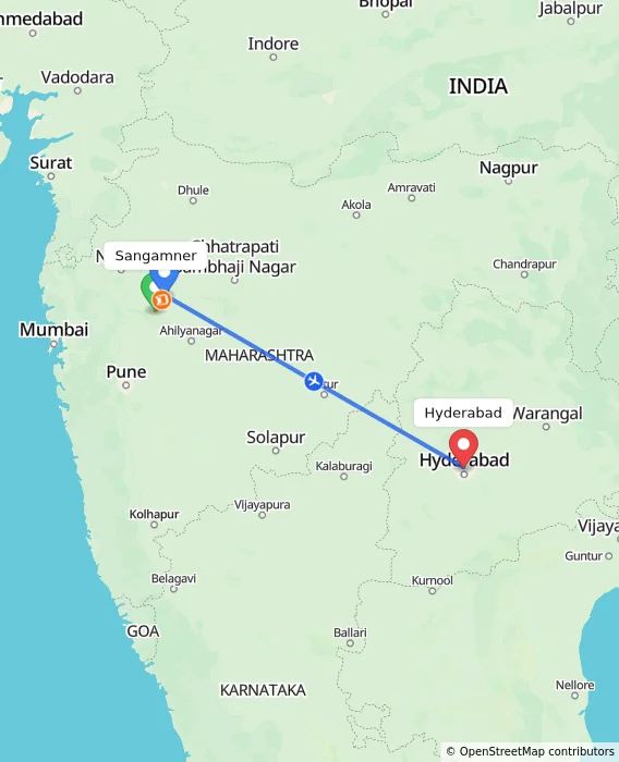 Route map showing distance and travel time from Sangamner, India to Hyderabad, India