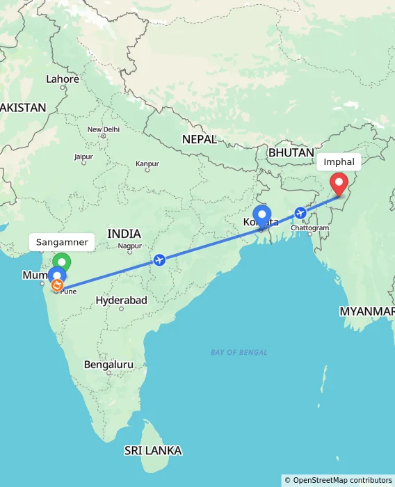 Route map showing distance and travel time from Sangamner, India to Imphal, India