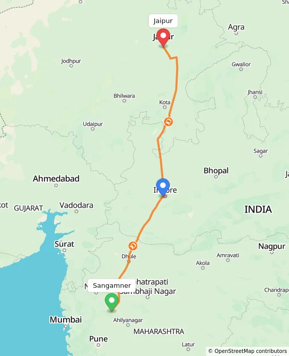 Route map showing distance and travel time from Sangamner, India to Jaipur, India