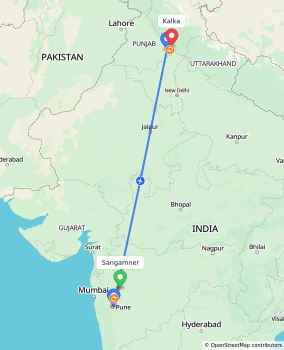 Route map showing distance and travel time from Sangamner, India to Kalka, India