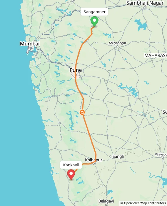 Route map showing distance and travel time from Sangamner, India to Kankavli, India