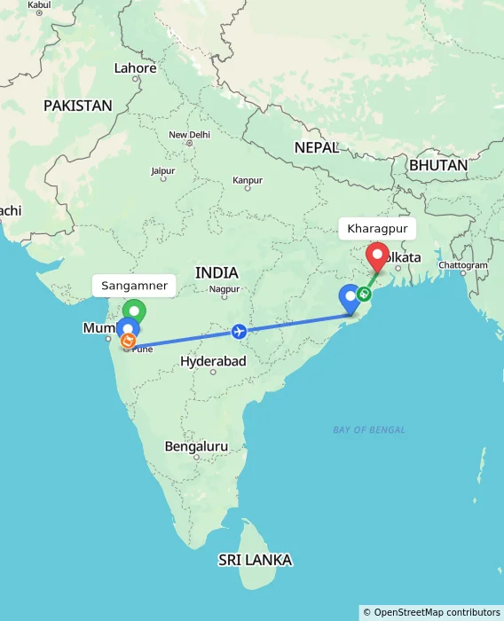 Route map showing distance and travel time from Sangamner, India to Kharagpur, India