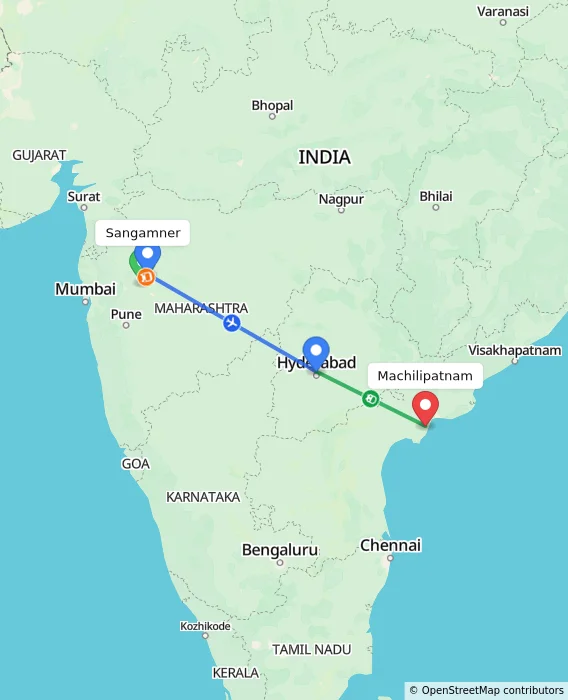 Route map showing distance and travel time from Sangamner, India to Machilipatnam, India