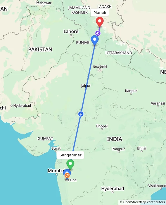 Route map showing distance and travel time from Sangamner, India to Manali, India
