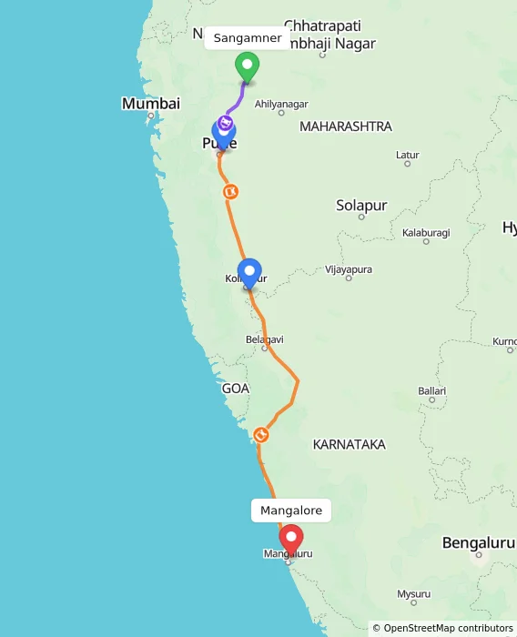 Route map showing distance and travel time from Sangamner, India to Mangalore, India