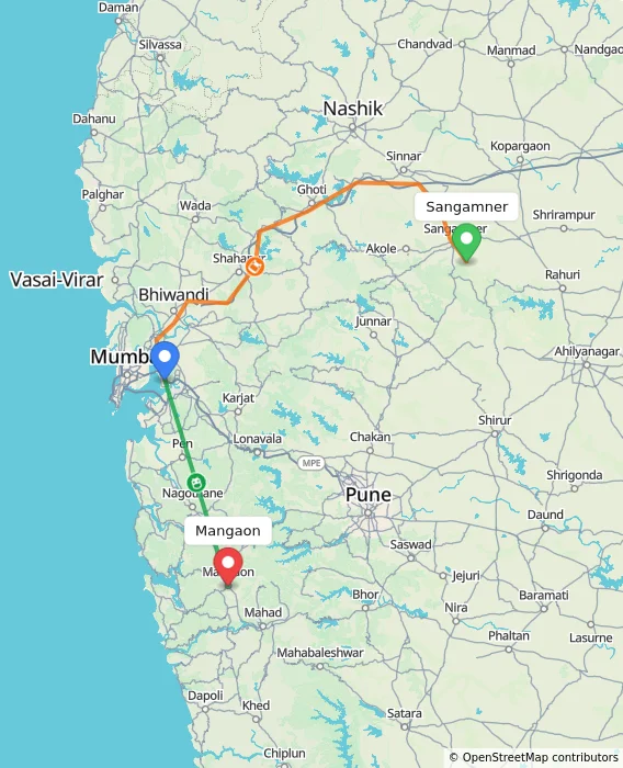 Route map showing distance and travel time from Sangamner, India to Mangaon, India