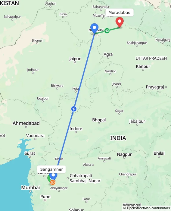 Route map showing distance and travel time from Sangamner, India to Moradabad, India