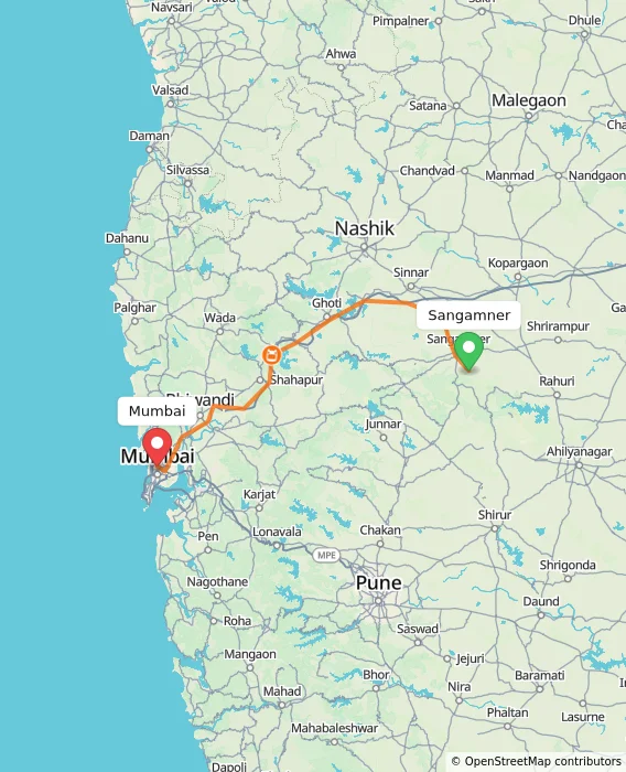 Route map showing distance and travel time from Sangamner, India to Mumbai, India