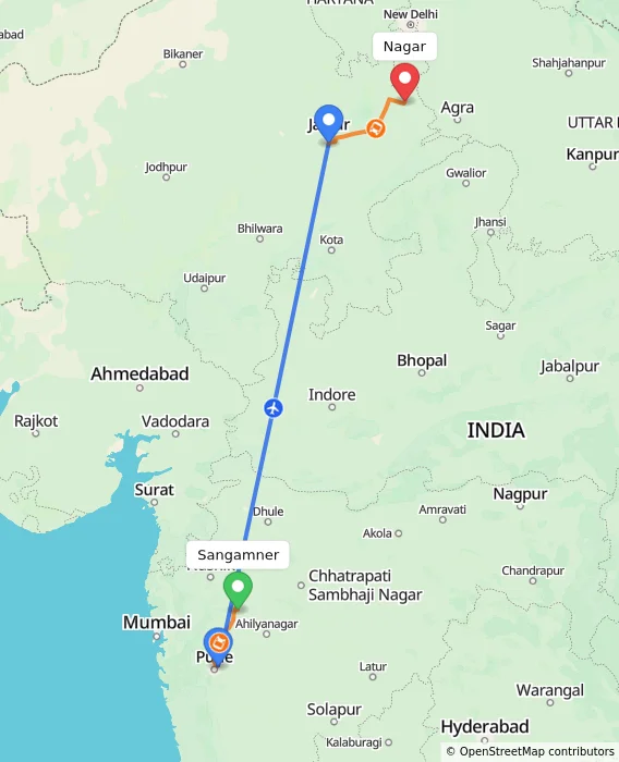 Route map showing distance and travel time from Sangamner, India to Nagar, India