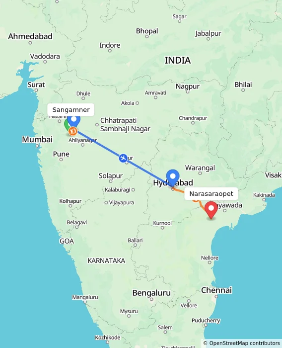 Route map showing distance and travel time from Sangamner, India to Narasaraopet, India